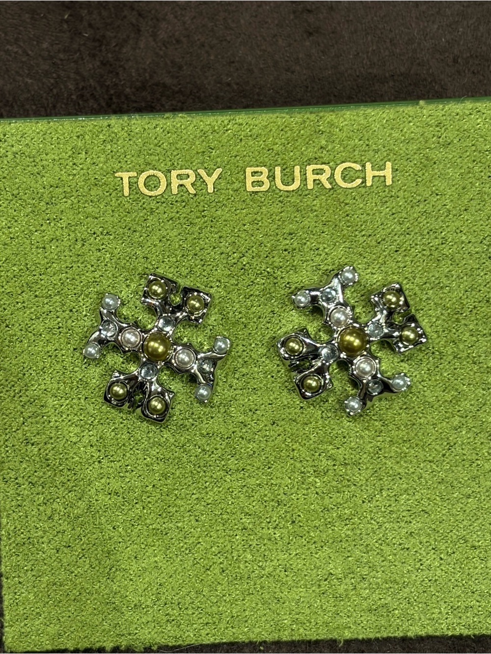 Tory Burch silver-tone pave pearl large logo stud earrings color new